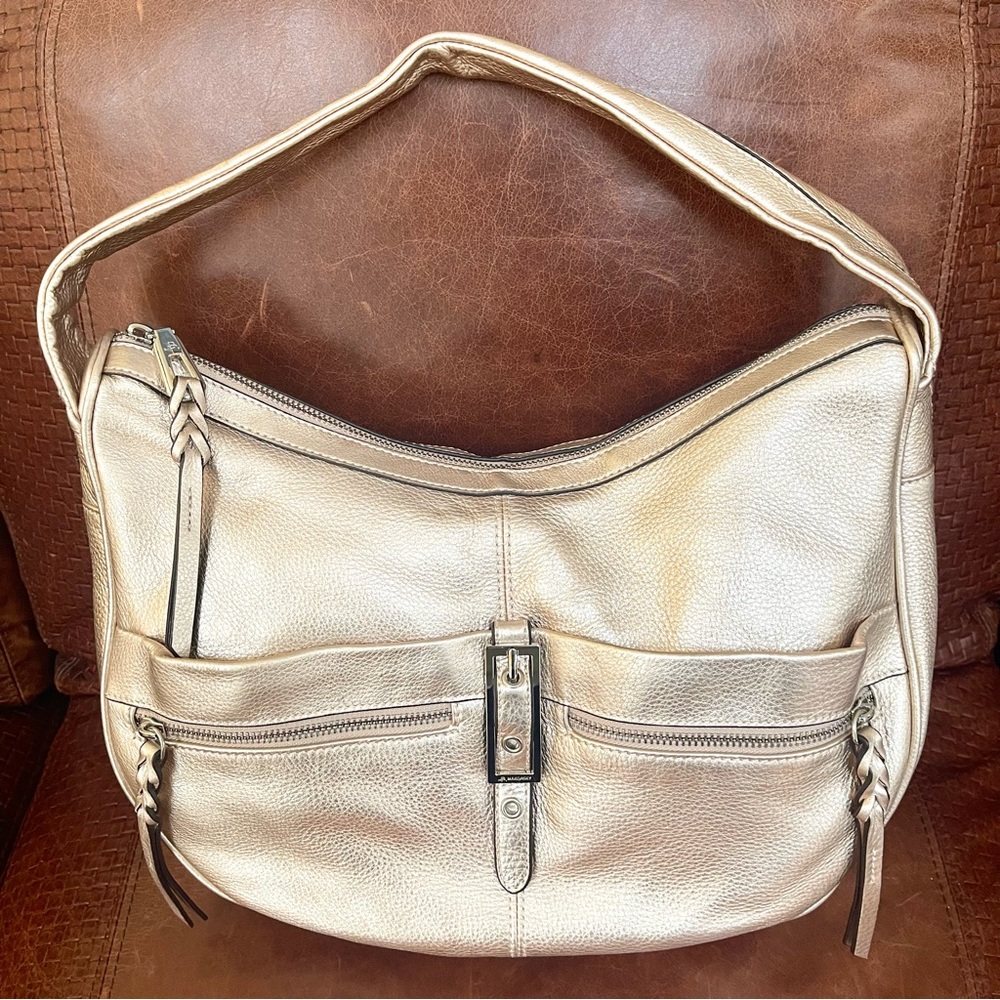 B.Makowsky Genuine Leather Hobo Style Shoulder Bag In Champagne Color - Picture 4 of 11
